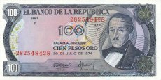 BN002825 THE BANK OF THE REPUBLIC OF COLOMBIA 100 Gold Pesos 07-20-1974 - Series Y - Nº. 282548428 - AU / UNC - P-415